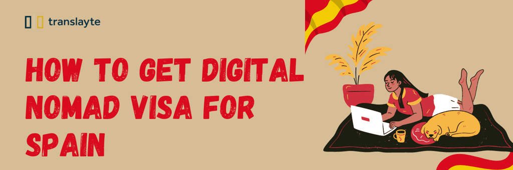 illustration of woman working on her laptop with a dog by her side,  how to get a digital nomad visa for spain